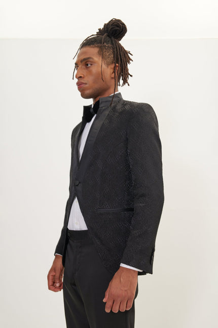 Men's Embellished Mandarin Collar Tuxedo Jacket - Black | Ron Tomson