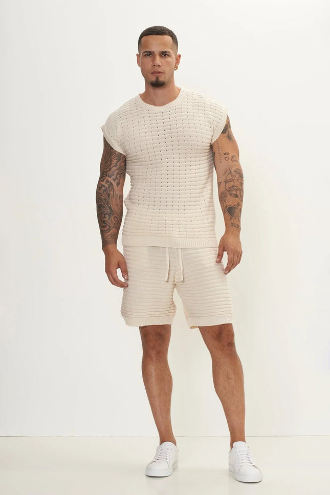 Eyelet short sleeve Knit Top and Shorts Set - Beige