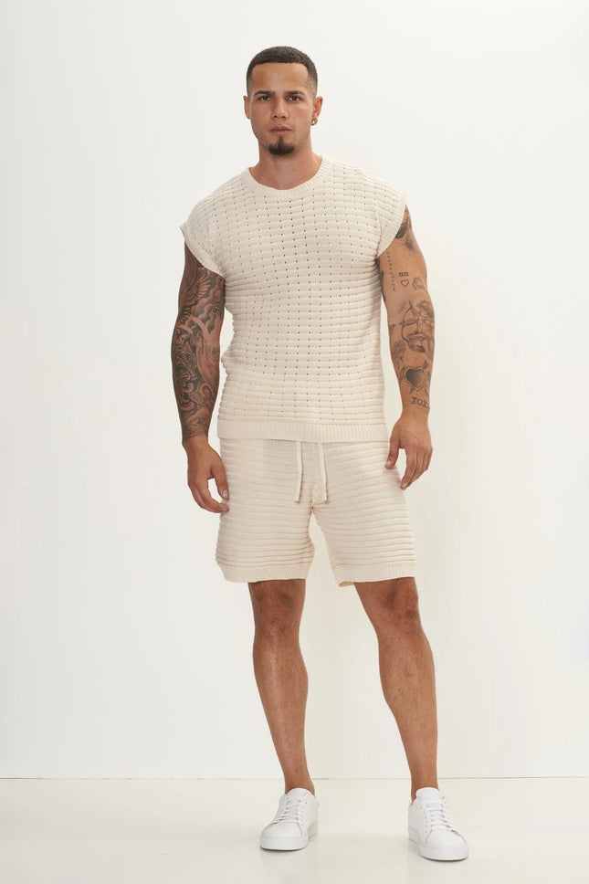 Men's Eyelet short sleeve Knit Top and Shorts Set - Beige | Ron Tomson