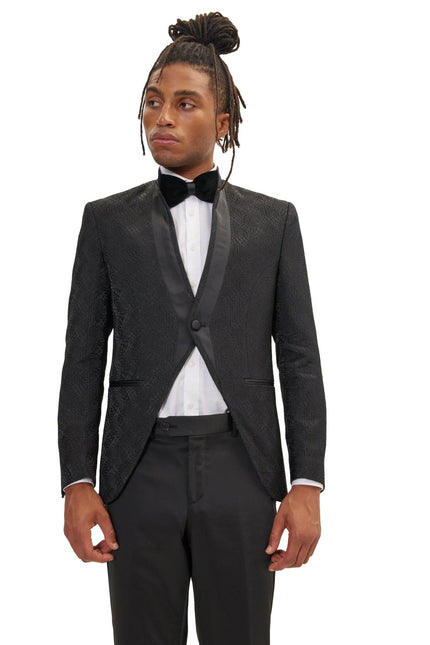 Men's Embellished Mandarin Collar Tuxedo Jacket - Black | Ron Tomson