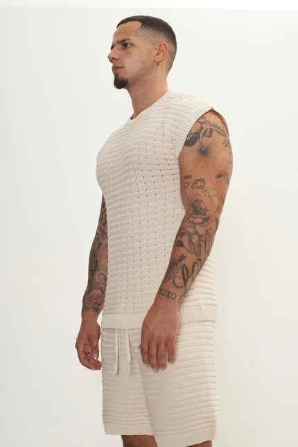Men's Eyelet short sleeve Knit Top and Shorts Set - Beige | Ron Tomson