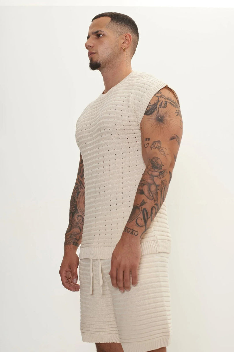 Men's Eyelet short sleeve Knit Top and Shorts Set - Beige | Ron Tomson