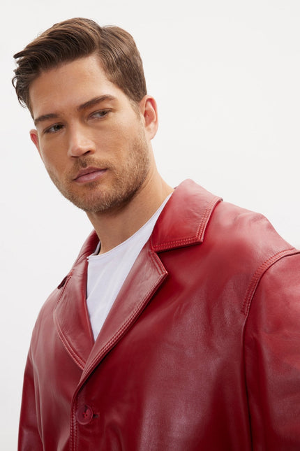 Men's Belted Leather Trench Coat - Valentine Red | Ron Tomson