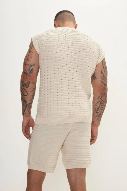 Men's Eyelet short sleeve Knit Top and Shorts Set - Beige | Ron Tomson