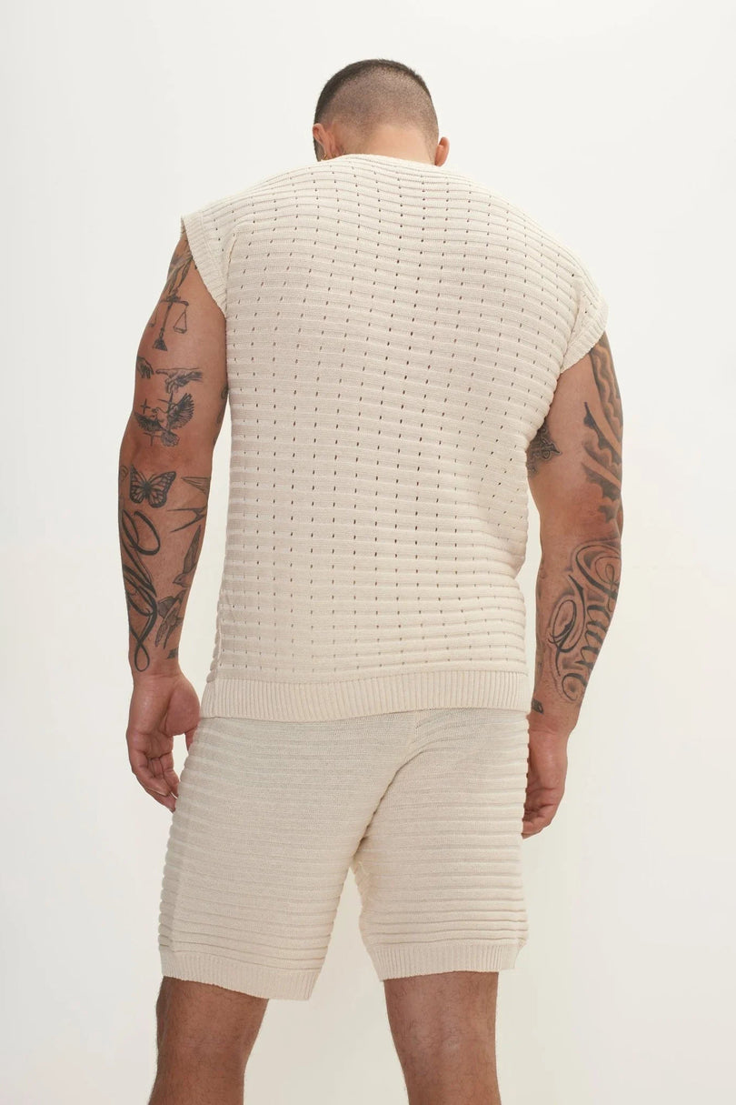Men's Eyelet short sleeve Knit Top and Shorts Set - Beige | Ron Tomson
