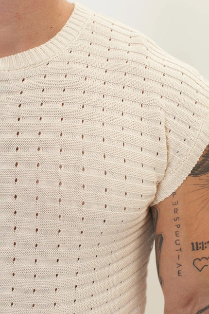 Men's Eyelet short sleeve Knit Top and Shorts Set - Beige | Ron Tomson