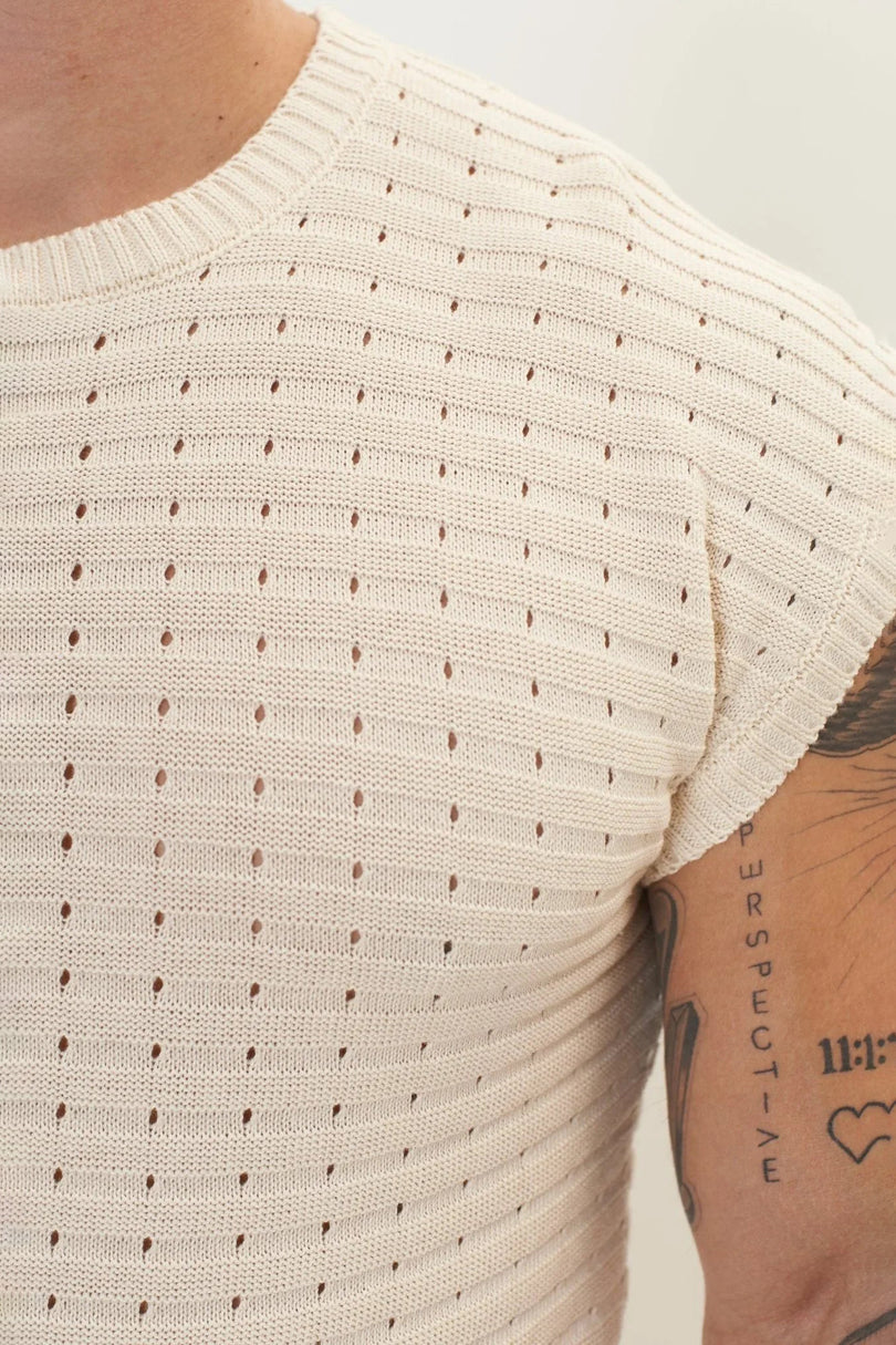 Men's Eyelet short sleeve Knit Top and Shorts Set - Beige | Ron Tomson