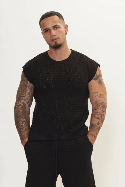 Men's Eyelet short sleeve Knit Top and Shorts Set - Black | Ron Tomson