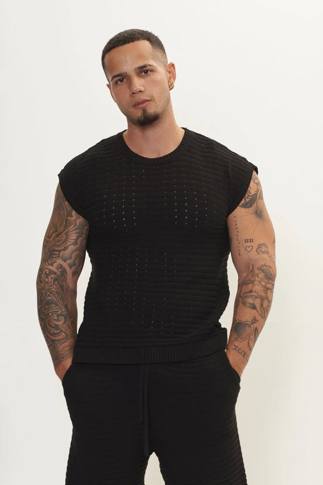 Men's Eyelet short sleeve Knit Top and Shorts Set - Black | Ron Tomson