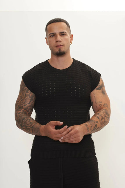 Men's Eyelet short sleeve Knit Top and Shorts Set - Black | Ron Tomson