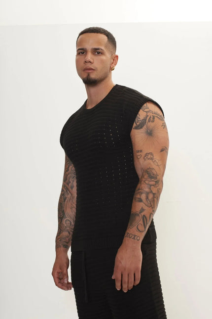Men's Eyelet short sleeve Knit Top and Shorts Set - Black | Ron Tomson