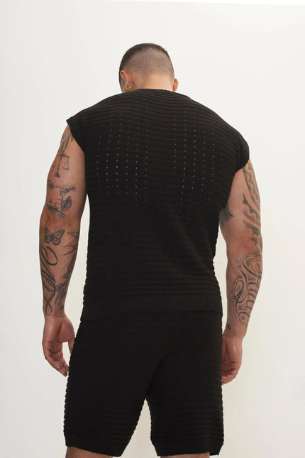 Men's Eyelet short sleeve Knit Top and Shorts Set - Black | Ron Tomson