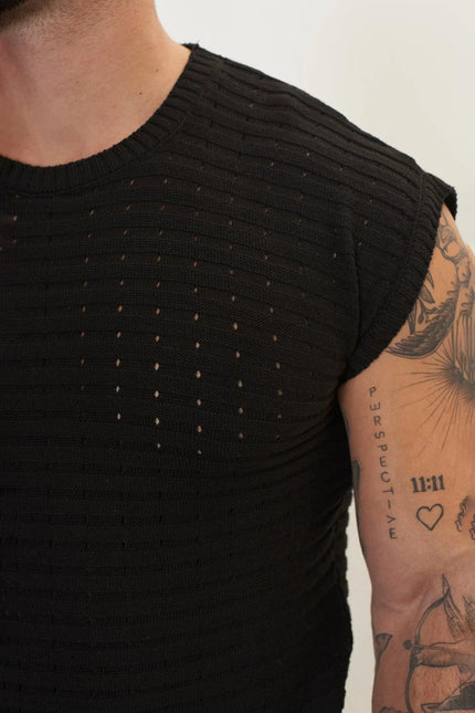 Men's Eyelet short sleeve Knit Top and Shorts Set - Black | Ron Tomson