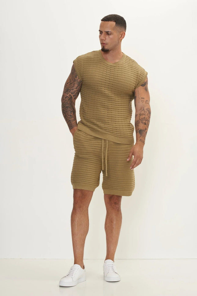 Men's Eyelet short sleeve Knit Top and Shorts Set - Light Green | Ron Tomson