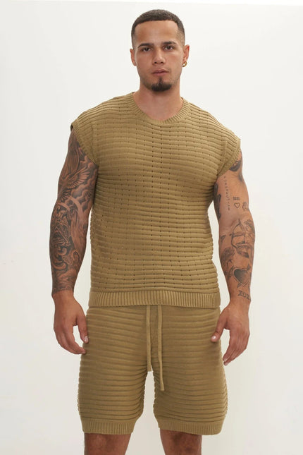 Men's Eyelet short sleeve Knit Top and Shorts Set - Light Green | Ron Tomson