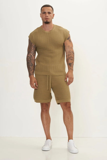 Men's Eyelet short sleeve Knit Top and Shorts Set - Light Green | Ron Tomson