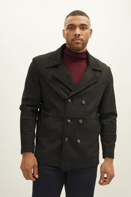 Men's Double-Breasted Faux Suede Peacoat - Black | Ron Tomson