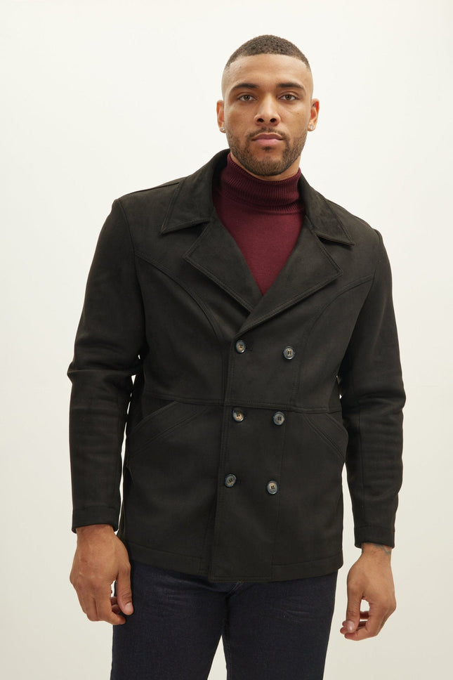 Men's Double-Breasted Faux Suede Peacoat - Black | Ron Tomson