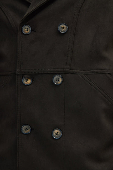 Men's Double-Breasted Faux Suede Peacoat - Black | Ron Tomson
