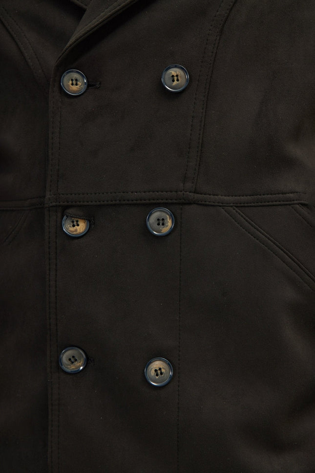 Men's Double-Breasted Faux Suede Peacoat - Black | Ron Tomson