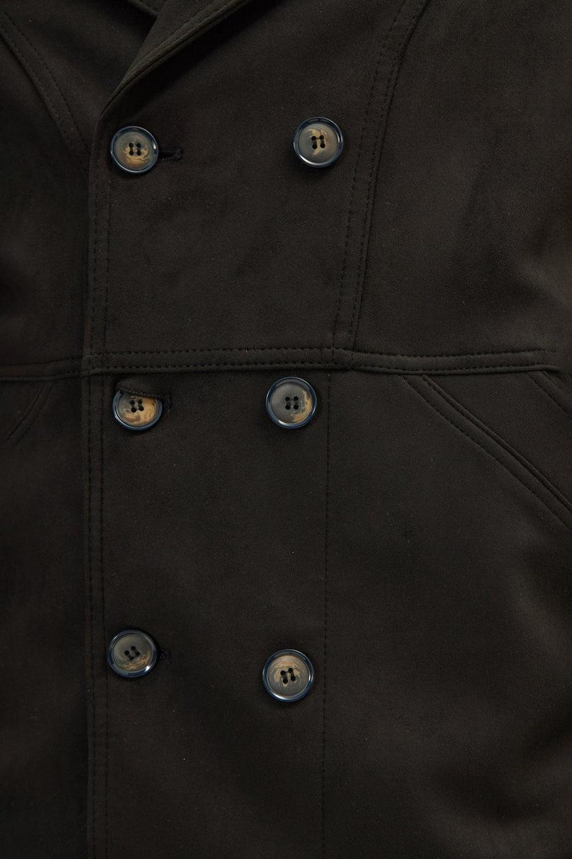 Men's Double-Breasted Faux Suede Peacoat - Black | Ron Tomson