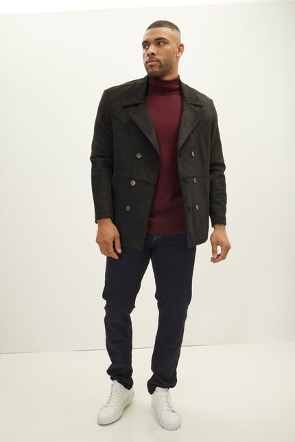 Men's Double-Breasted Faux Suede Peacoat - Black | Ron Tomson