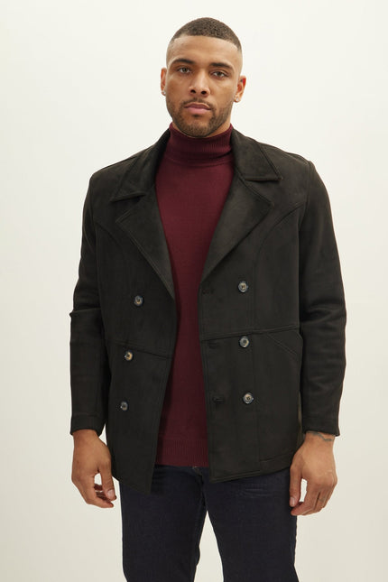 Men's Double-Breasted Faux Suede Peacoat - Black | Ron Tomson