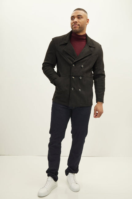 Men's Double-Breasted Faux Suede Peacoat - Black | Ron Tomson