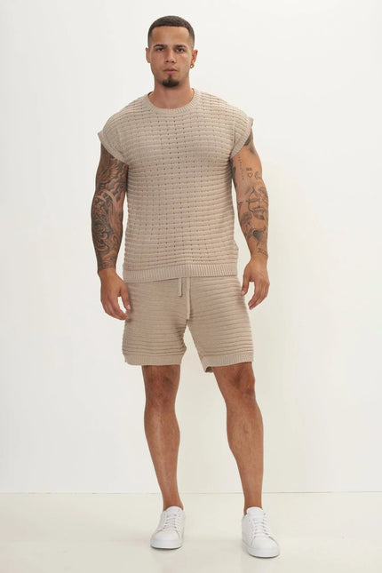 Men's Eyelet short sleeve Knit Top and Shorts Set - Stone | Ron Tomson
