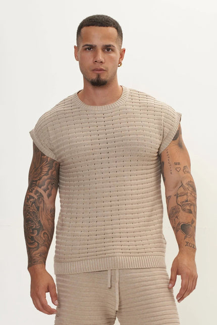 Men's Eyelet short sleeve Knit Top and Shorts Set - Stone | Ron Tomson
