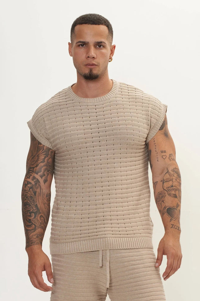 Eyelet short sleeve Knit Top and Shorts Set - Stone