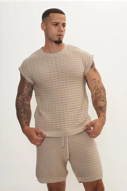 Men's Eyelet short sleeve Knit Top and Shorts Set - Stone | Ron Tomson