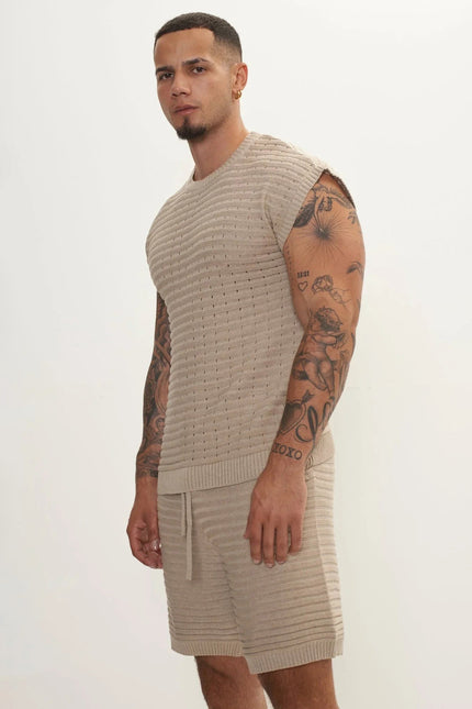 Men's Eyelet short sleeve Knit Top and Shorts Set - Stone | Ron Tomson