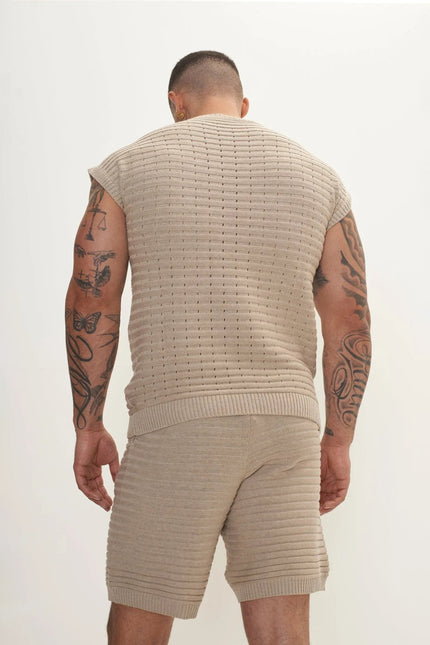 Men's Eyelet short sleeve Knit Top and Shorts Set - Stone | Ron Tomson