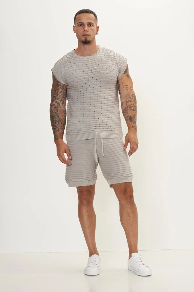 Men's Eyelet short sleeve Knit Top and Shorts Set - Grey | Ron Tomson