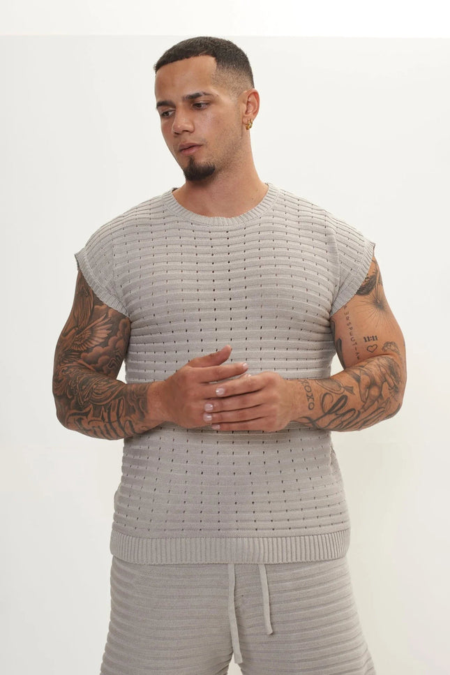 Eyelet short sleeve Knit Top and Shorts Set - Grey