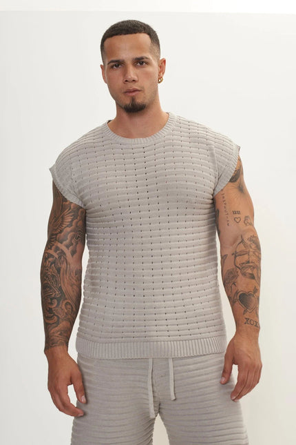 Men's Eyelet short sleeve Knit Top and Shorts Set - Grey | Ron Tomson