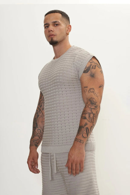 Men's Eyelet short sleeve Knit Top and Shorts Set - Grey | Ron Tomson