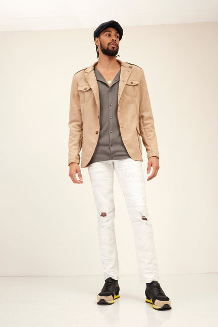 Men's Microsuede Lightweight Safari Jacket - Stone | Ron Tomson