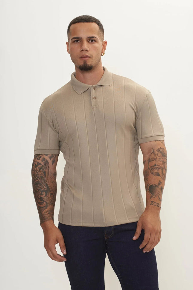 Men's Fine Ribbed Polo Shirt - Dark Beige | Ron Tomson