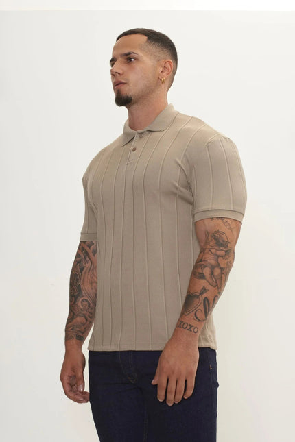 Men's Fine Ribbed Polo Shirt - Dark Beige | Ron Tomson