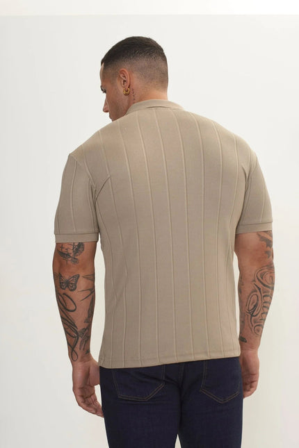 Men's Fine Ribbed Polo Shirt - Dark Beige | Ron Tomson