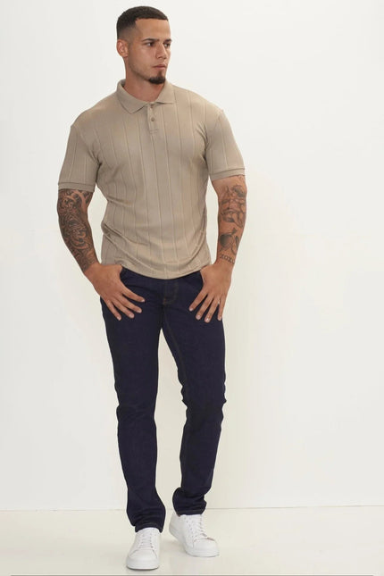 Men's Fine Ribbed Polo Shirt - Dark Beige | Ron Tomson