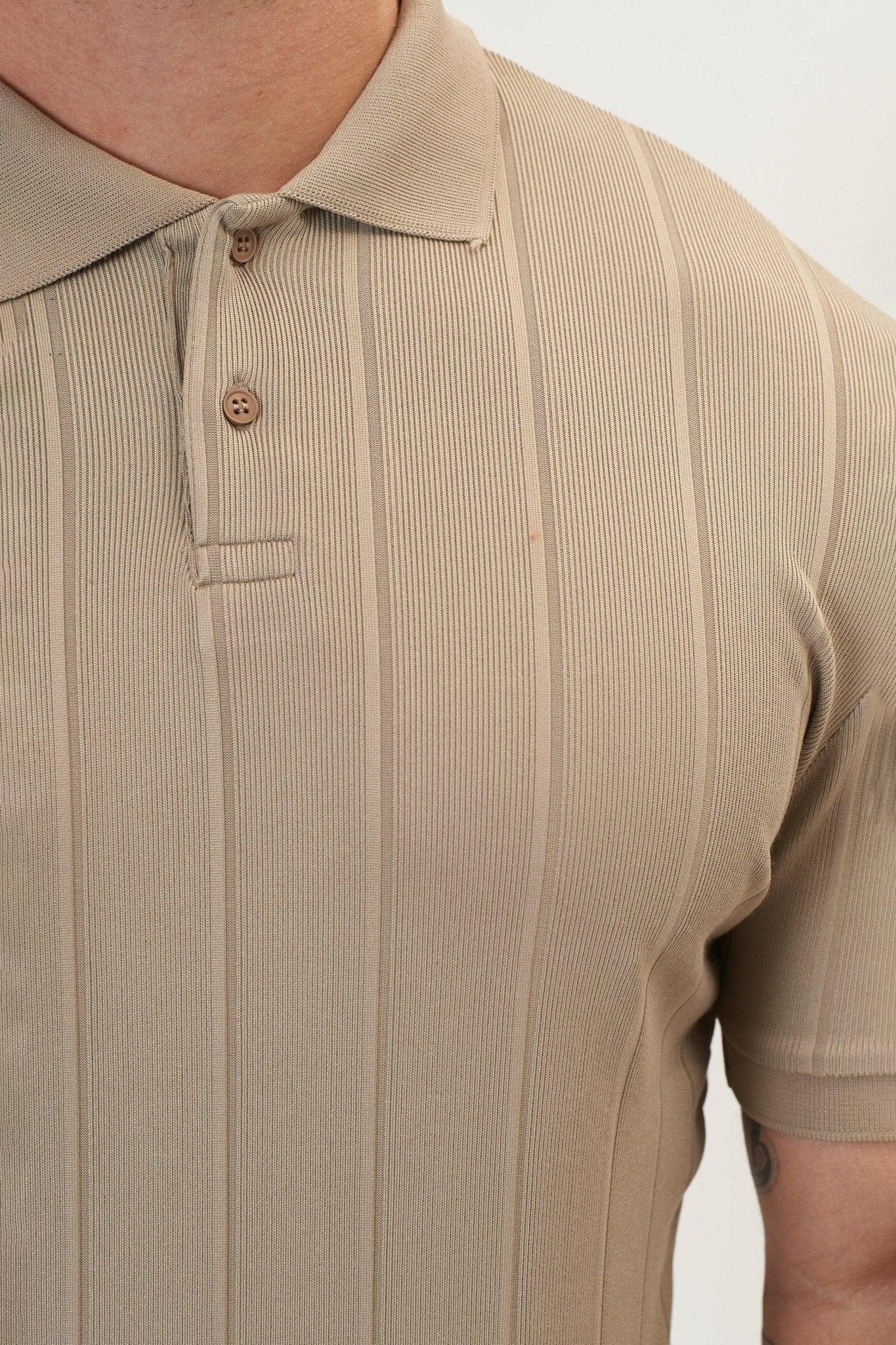 Ron Tomson Men's Fine Ribbed Fitted Polo Shirt - Dark Beige