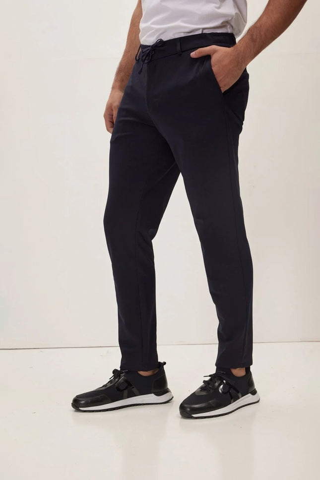 Men's Fitted Drawstring Casual Pants - Navy | Ron Tomson