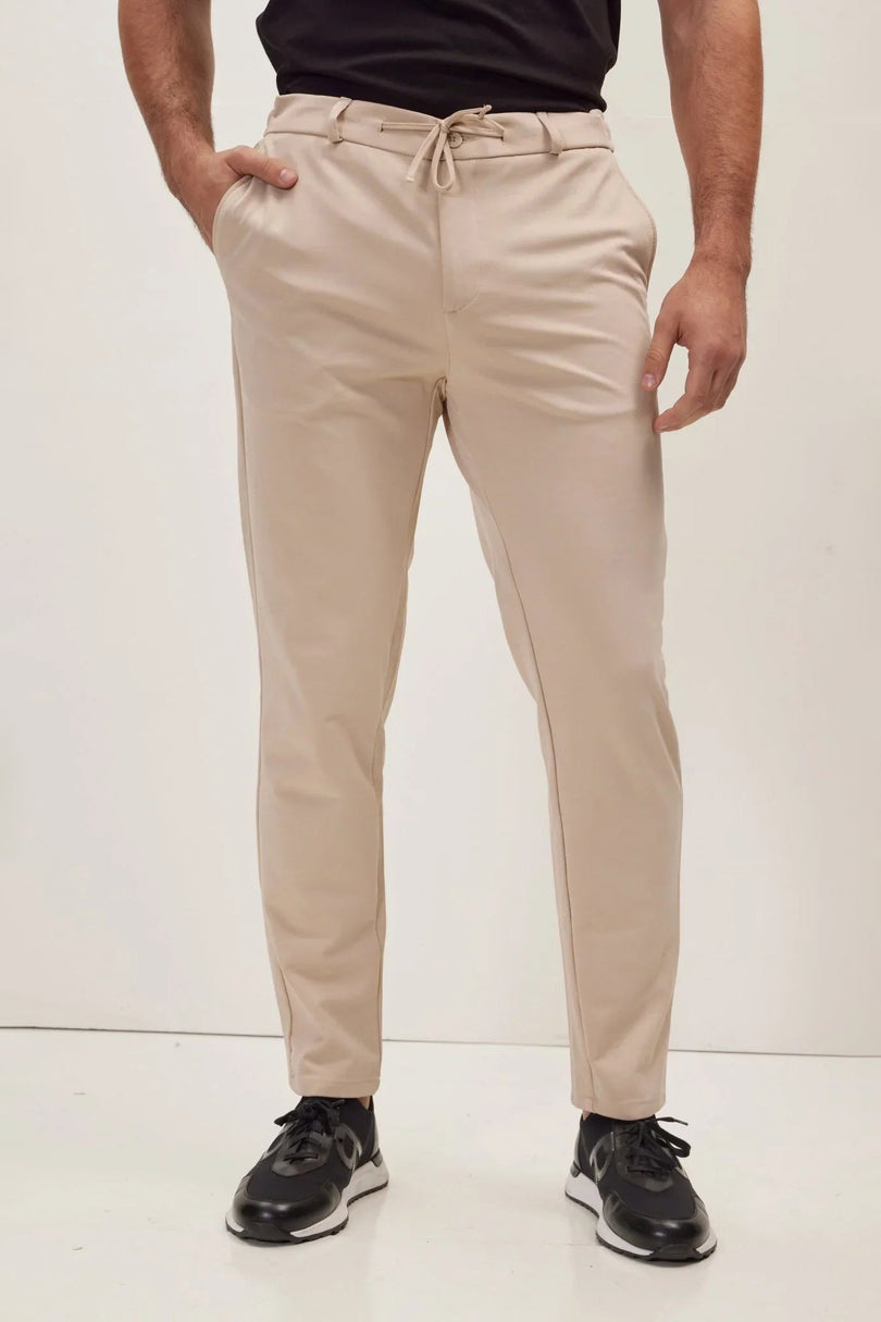 Men's Fitted Drawstring Casual Pants - Beige | Ron Tomson