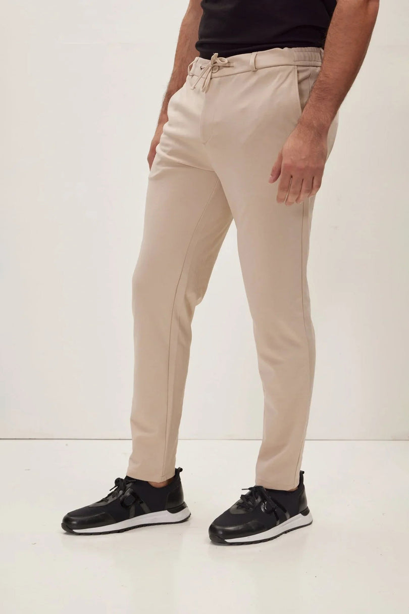 Men's Fitted Drawstring Casual Pants - Beige | Ron Tomson