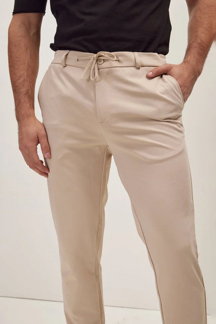 Men's Fitted Drawstring Casual Pants - Beige | Ron Tomson