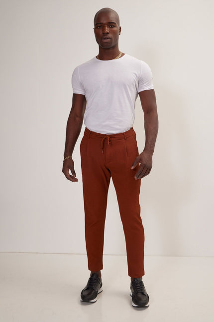 Men's Front Pleated Waffle Pants - Brown | Ron Tomson