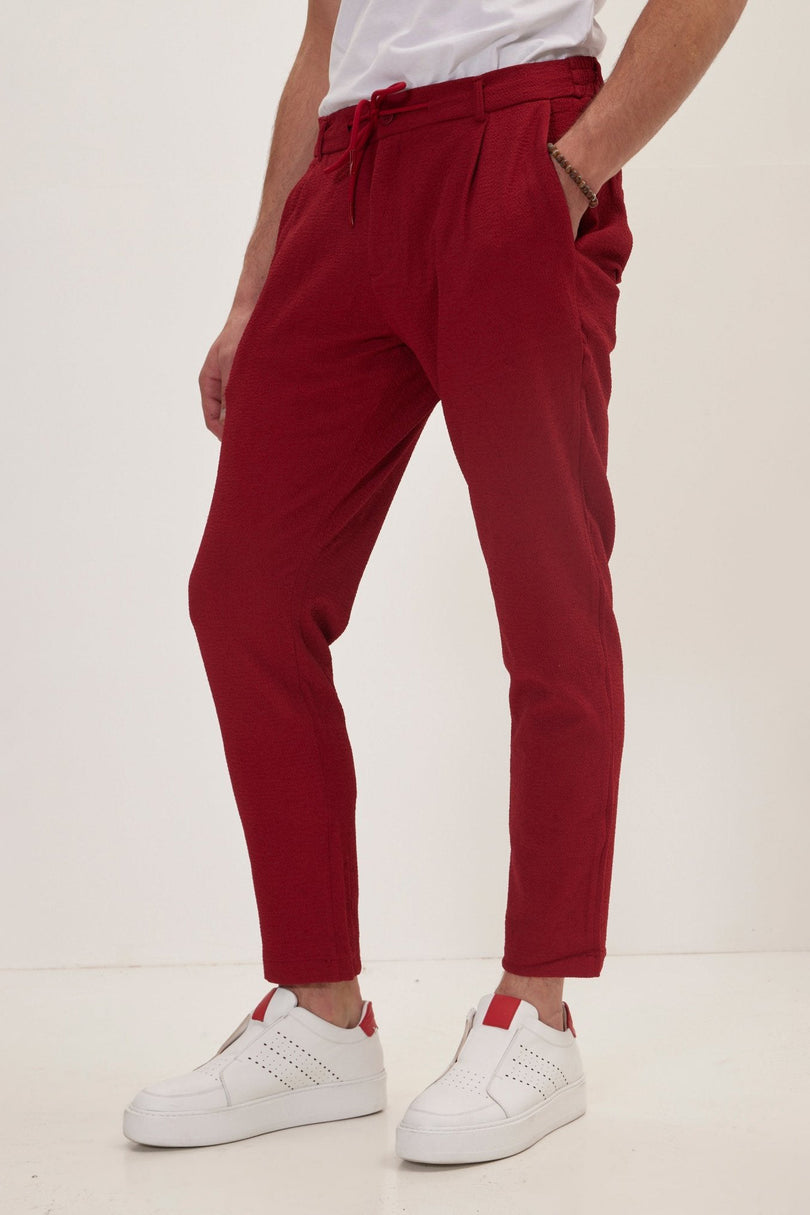 Men's Pleated Waffle Cotton Pants - Burgundy | Ron Tomson